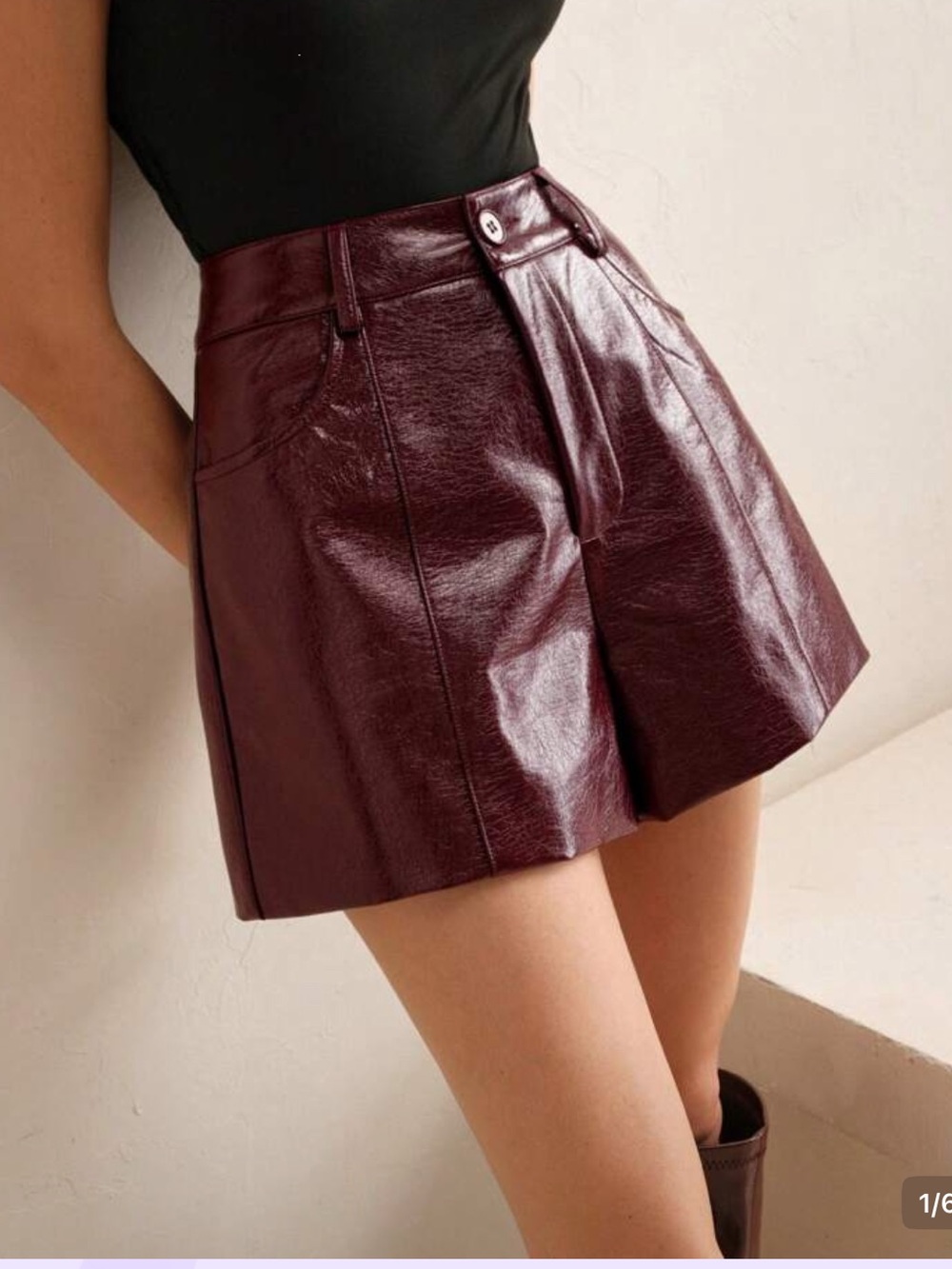 Faux Leather Pleated High-Waist Shorts in Burgundy